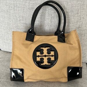 Tory burch Mini Ella Canvas Tote in Black and Tan Patent like new bag